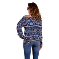 Vintage Bula Fiji Off Shoulder Sweater Prussian Blue Tapa Masi Motif LT9 - Polynesian Pride