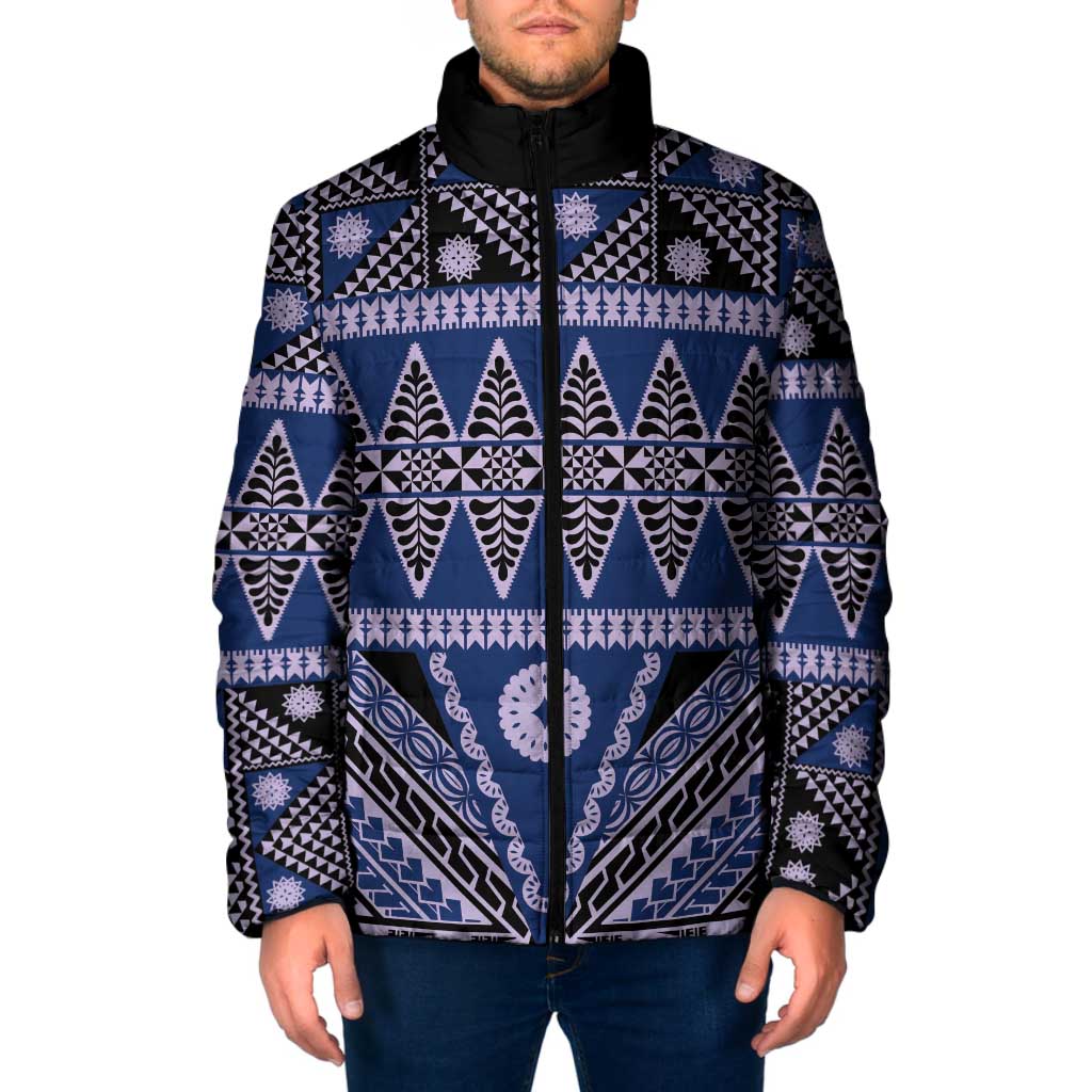 Vintage Bula Fiji Padded Jacket Prussian Blue Tapa Masi Motif LT9 Men Blue - Polynesian Pride