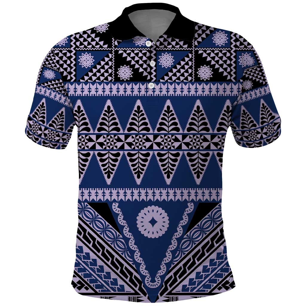 Vintage Bula Fiji Polo Shirt Prussian Blue Tapa Masi Motif LT9 Blue - Polynesian Pride