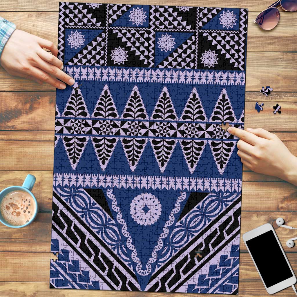 Vintage Bula Fiji Puzzle Prussian Blue Tapa Masi Motif LT9 Blue - Polynesian Pride