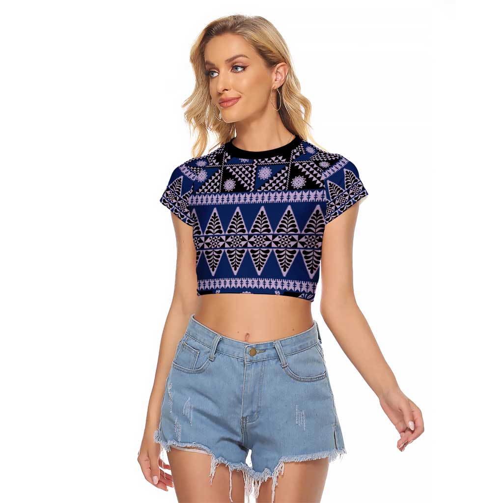 Vintage Bula Fiji Raglan Cropped T Shirt Prussian Blue Tapa Masi Motif LT9 Female Blue - Polynesian Pride