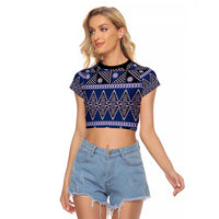 Vintage Bula Fiji Raglan Cropped T Shirt Prussian Blue Tapa Masi Motif LT9 Female Blue - Polynesian Pride