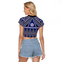 Vintage Bula Fiji Raglan Cropped T Shirt Prussian Blue Tapa Masi Motif LT9 - Polynesian Pride