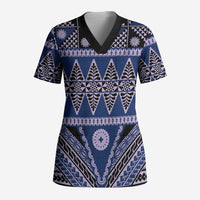 Vintage Bula Fiji Scrub Top Prussian Blue Tapa Masi Motif LT9 Adult Blue - Polynesian Pride