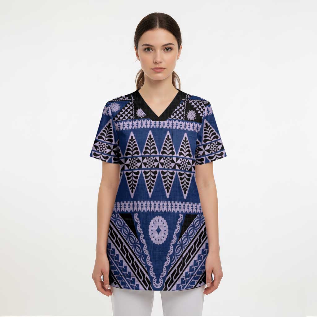 Vintage Bula Fiji Scrub Top Prussian Blue Tapa Masi Motif LT9 - Polynesian Pride