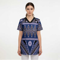 Vintage Bula Fiji Scrub Top Prussian Blue Tapa Masi Motif LT9 - Polynesian Pride