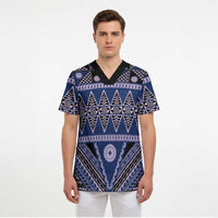 Vintage Bula Fiji Scrub Top Prussian Blue Tapa Masi Motif LT9 - Polynesian Pride