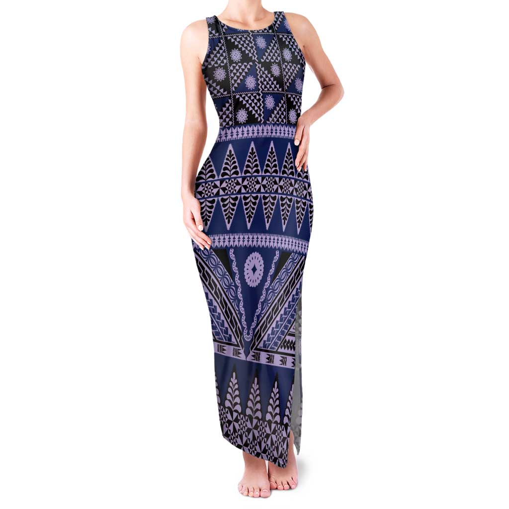 Vintage Bula Fiji Tank Maxi Dress Prussian Blue Tapa Masi Motif LT9 Women Blue - Polynesian Pride