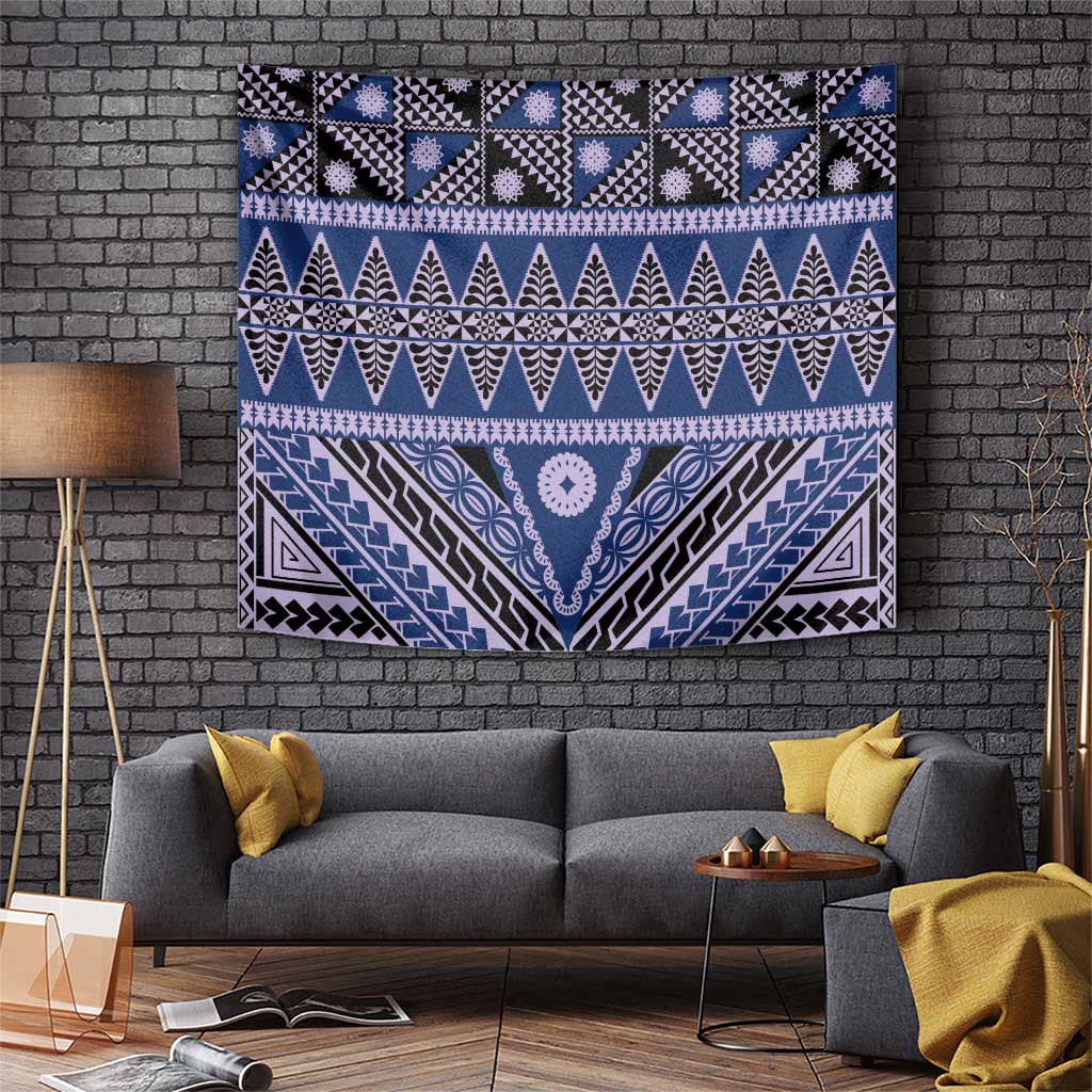 Vintage Bula Fiji Tapestry Prussian Blue Tapa Masi Motif LT9 Blue - Polynesian Pride