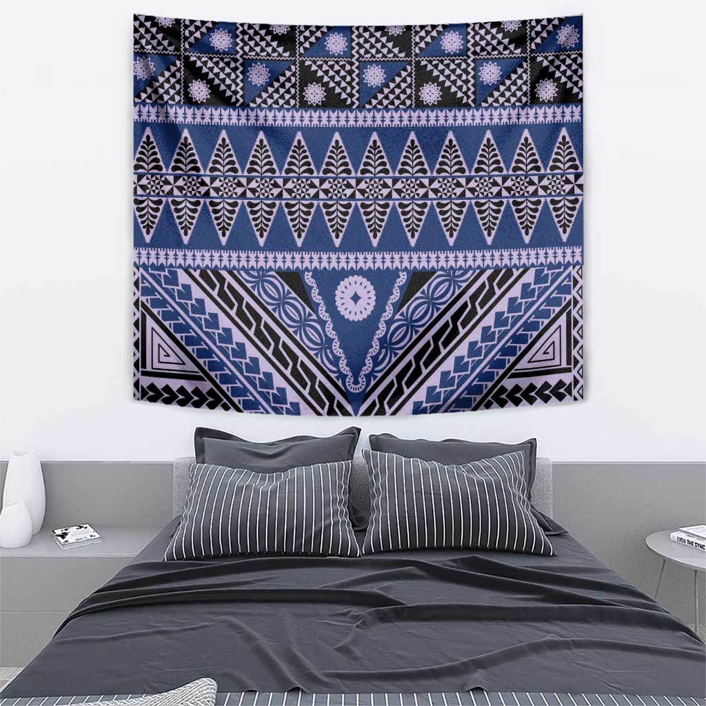 Vintage Bula Fiji Tapestry Prussian Blue Tapa Masi Motif LT9 - Polynesian Pride