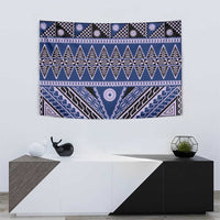 Vintage Bula Fiji Tapestry Prussian Blue Tapa Masi Motif LT9 - Polynesian Pride