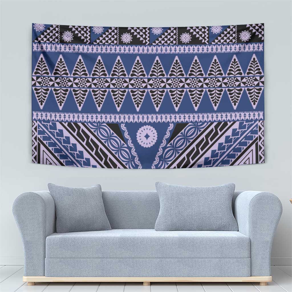 Vintage Bula Fiji Tapestry Prussian Blue Tapa Masi Motif LT9 - Polynesian Pride