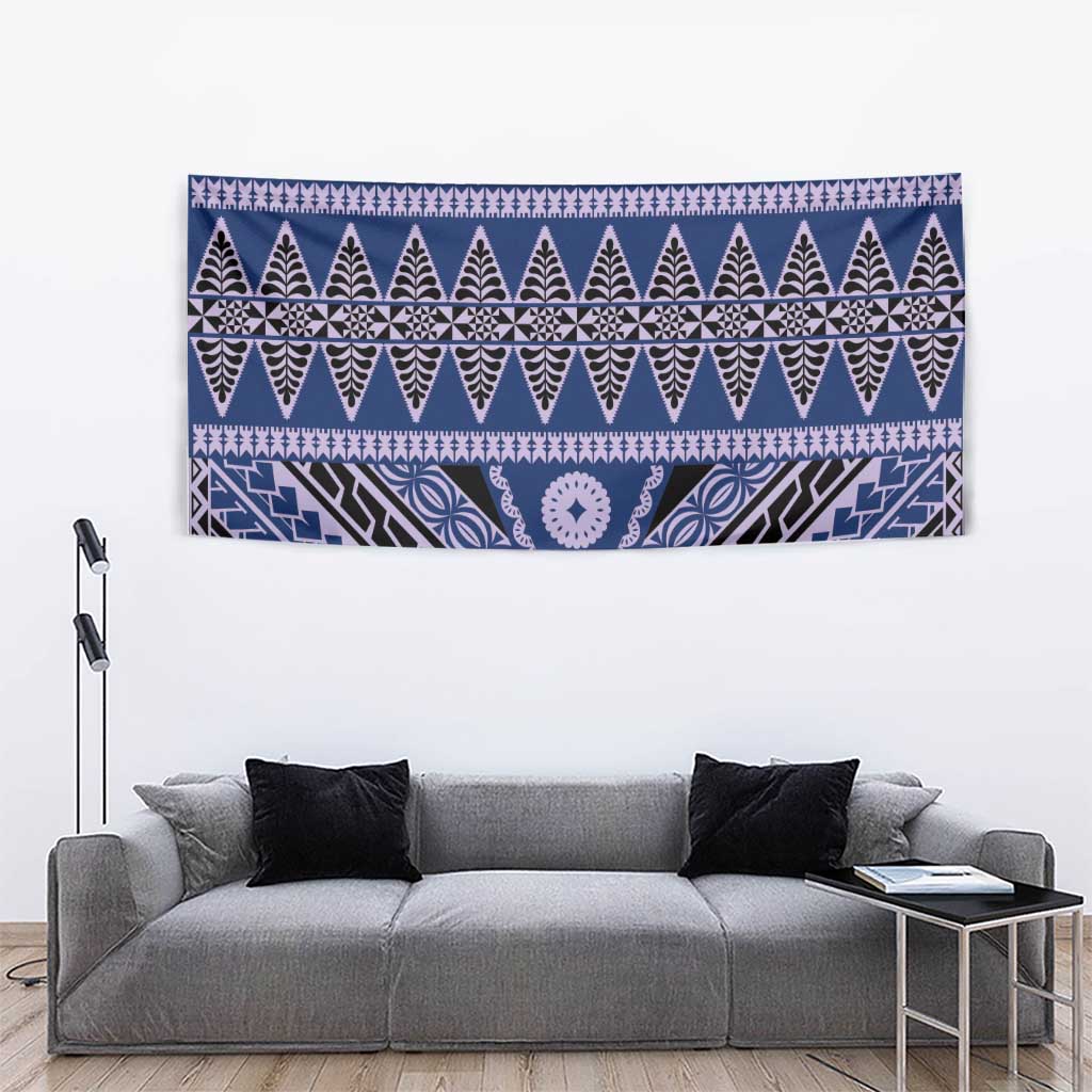 Vintage Bula Fiji Tapestry Prussian Blue Tapa Masi Motif LT9 - Polynesian Pride