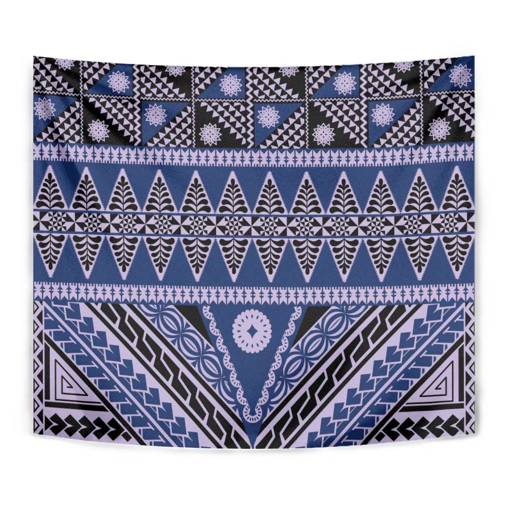 Vintage Bula Fiji Tapestry Prussian Blue Tapa Masi Motif LT9 - Polynesian Pride