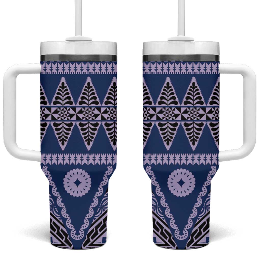 Vintage Bula Fiji Tumbler With Handle Prussian Blue Tapa Masi Motif LT9 One Size: 40 oz Blue - Polynesian Pride