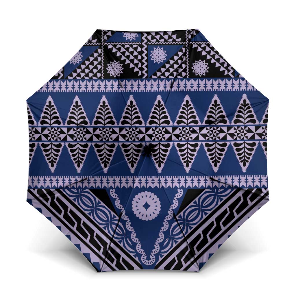 Vintage Bula Fiji Umbrella Prussian Blue Tapa Masi Motif LT9 One Size Folded 11.42 inch Opened Diameter 37.4 inch Blue - Polynesian Pride