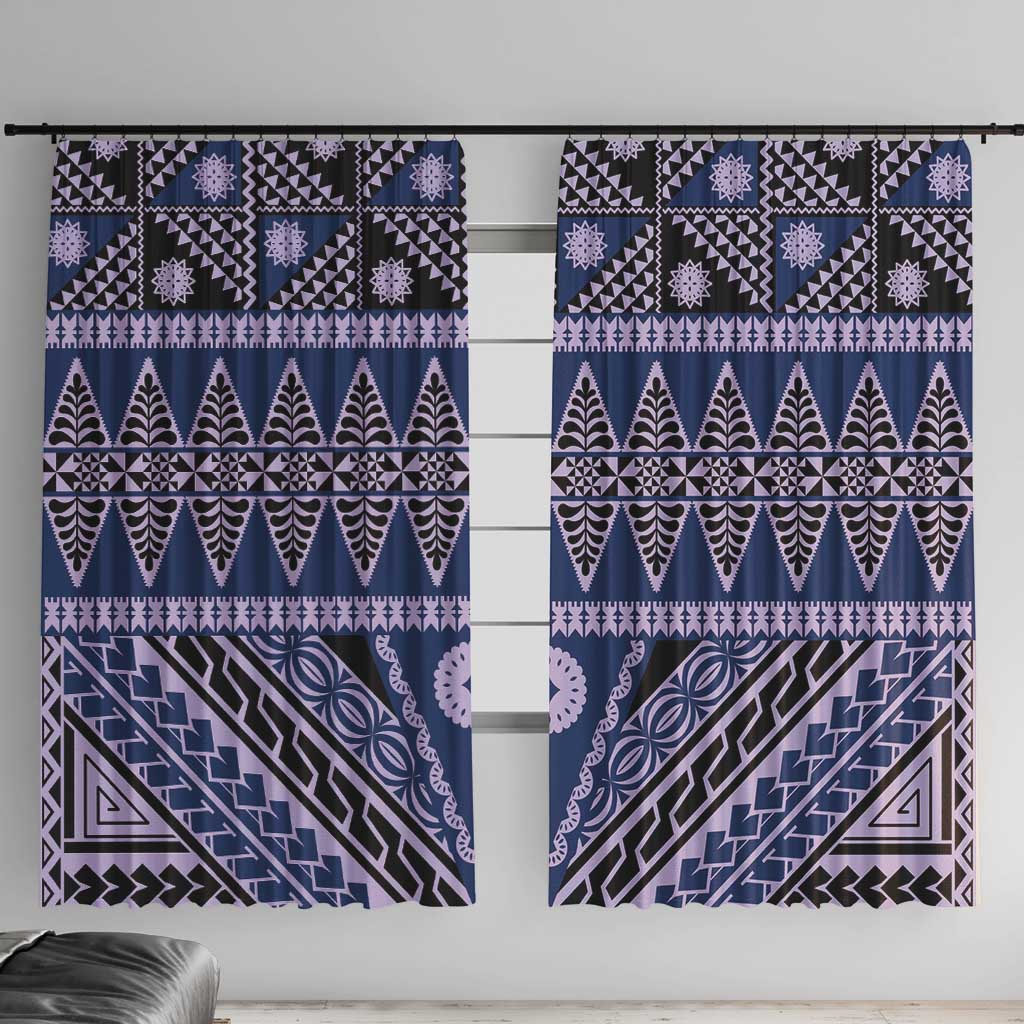 Vintage Bula Fiji Window Curtain Prussian Blue Tapa Masi Motif LT9 With Hooks Blue - Polynesian Pride