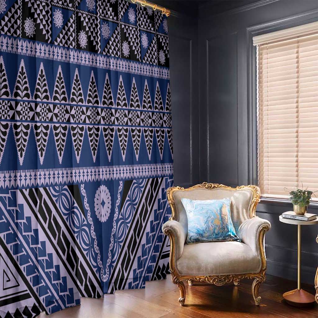 Vintage Bula Fiji Window Curtain Prussian Blue Tapa Masi Motif LT9 - Polynesian Pride