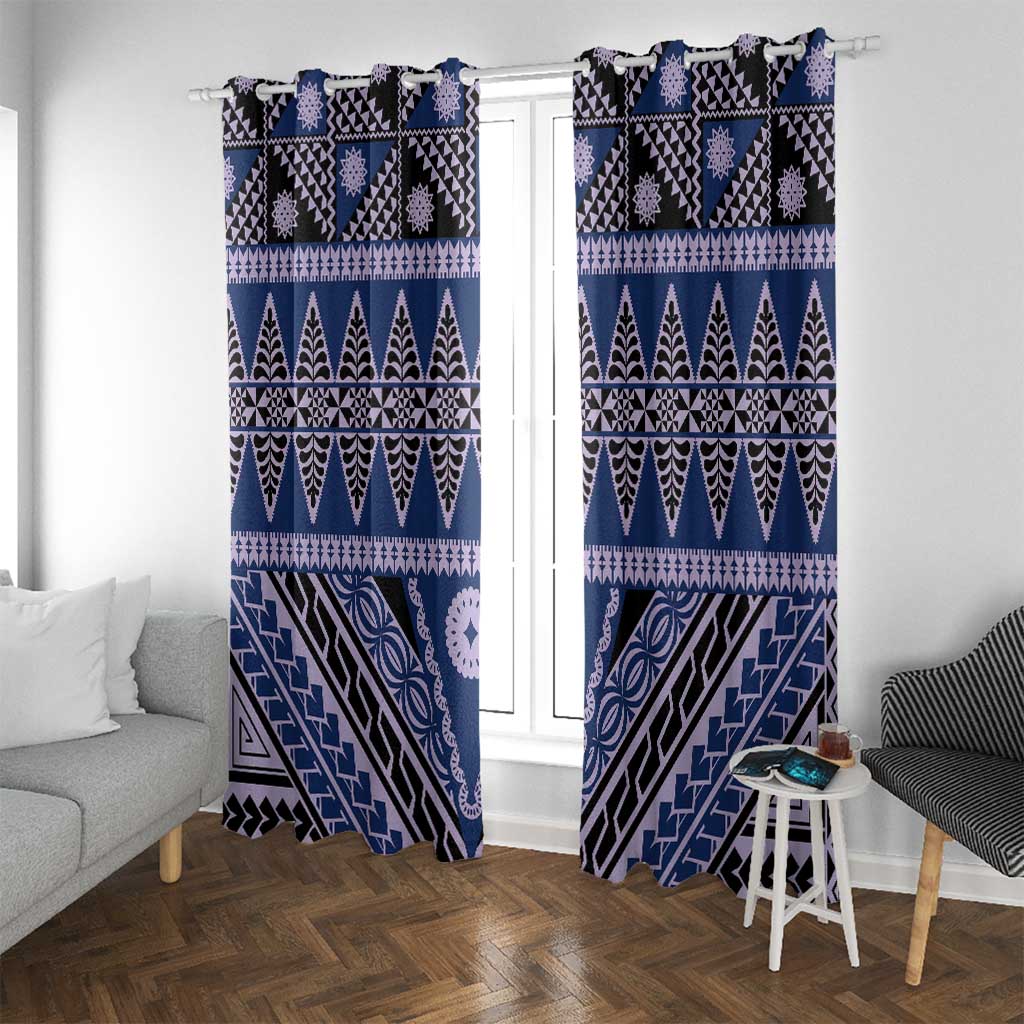Vintage Bula Fiji Window Curtain Prussian Blue Tapa Masi Motif LT9 With Grommets Blue - Polynesian Pride