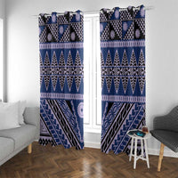 Vintage Bula Fiji Window Curtain Prussian Blue Tapa Masi Motif LT9 With Grommets Blue - Polynesian Pride