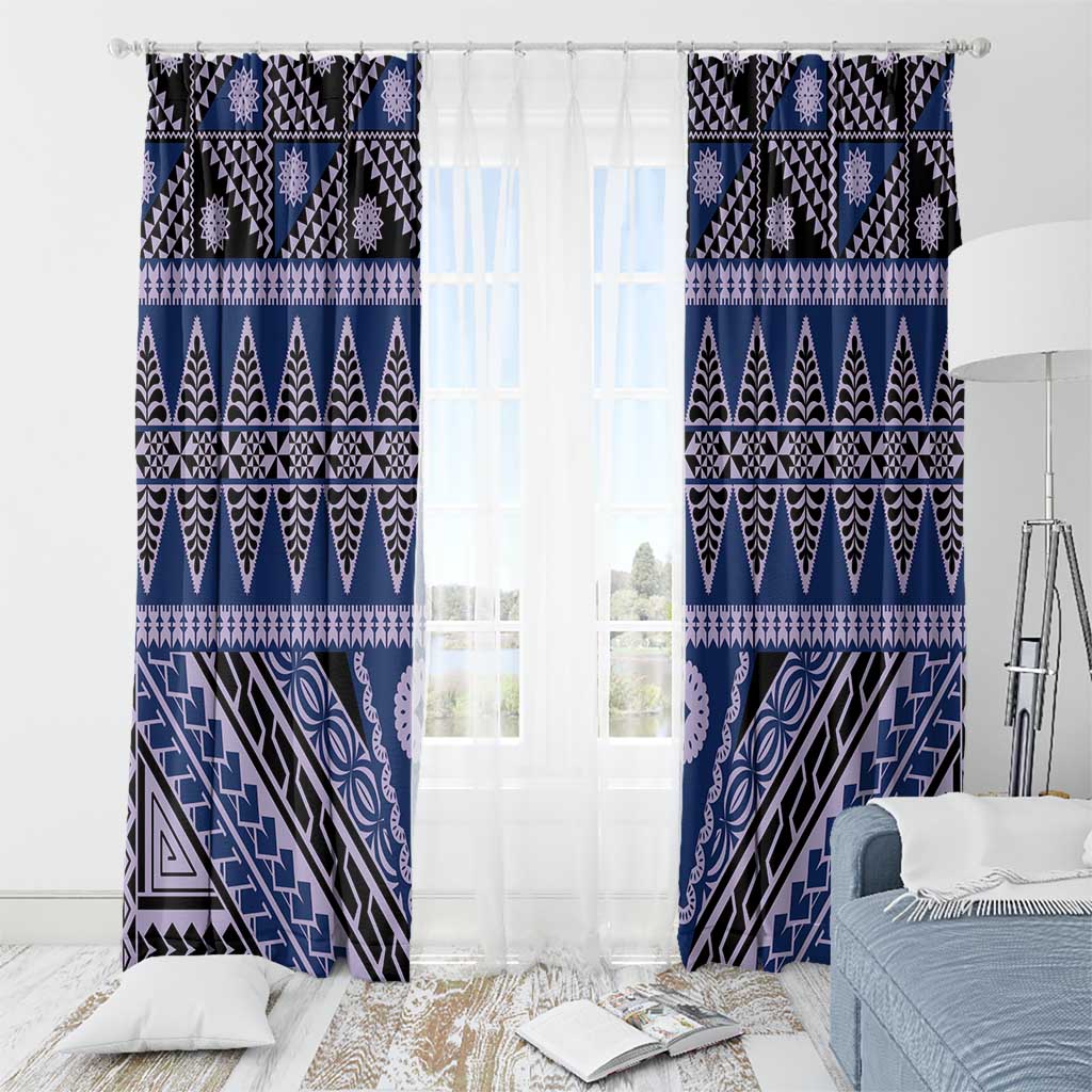 Vintage Bula Fiji Window Curtain Prussian Blue Tapa Masi Motif LT9 - Polynesian Pride