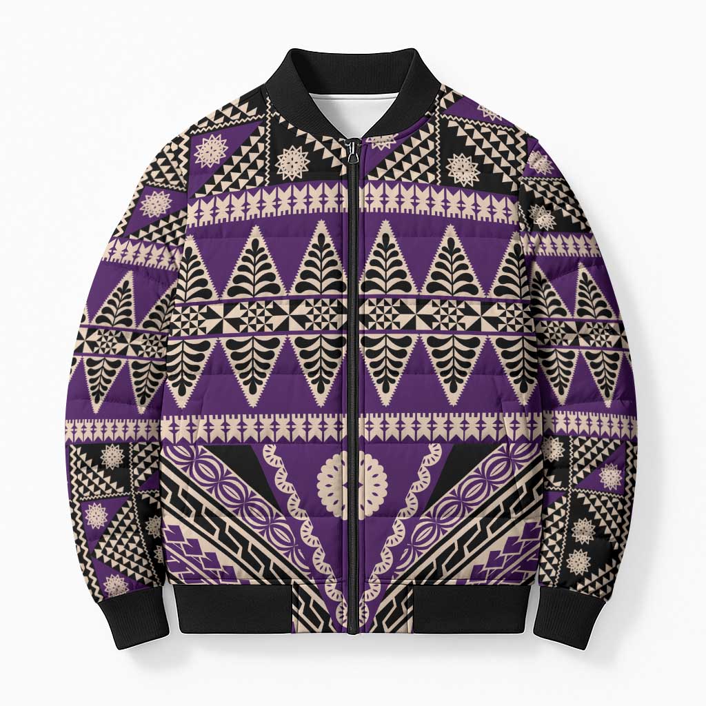 Vintage Bula Fiji Bomber Puffer Jacket Purple Tapa Masi Motif LT9 Unisex Purple - Polynesian Pride