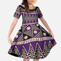 Vintage Bula Fiji Kid Short Sleeve Dress Purple Tapa Masi Motif LT9 KID Purple - Polynesian Pride