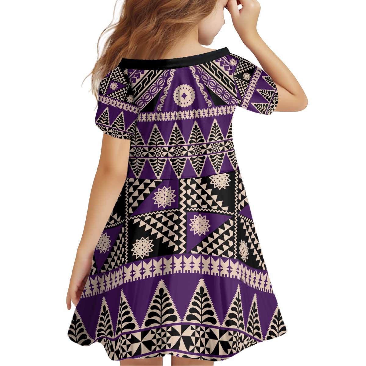 Vintage Bula Fiji Kid Short Sleeve Dress Purple Tapa Masi Motif LT9 - Polynesian Pride