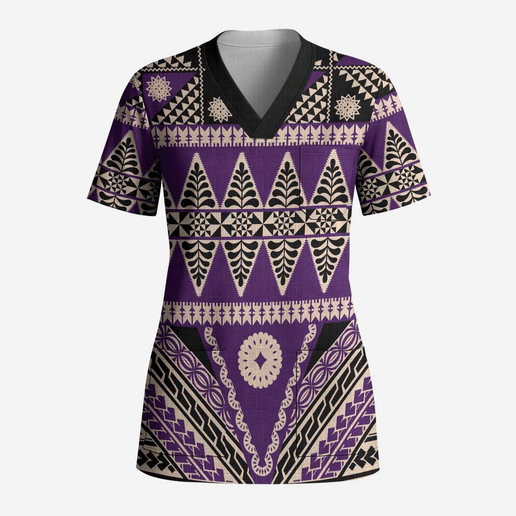 Vintage Bula Fiji Scrub Top Purple Tapa Masi Motif LT9 Adult Purple - Polynesian Pride