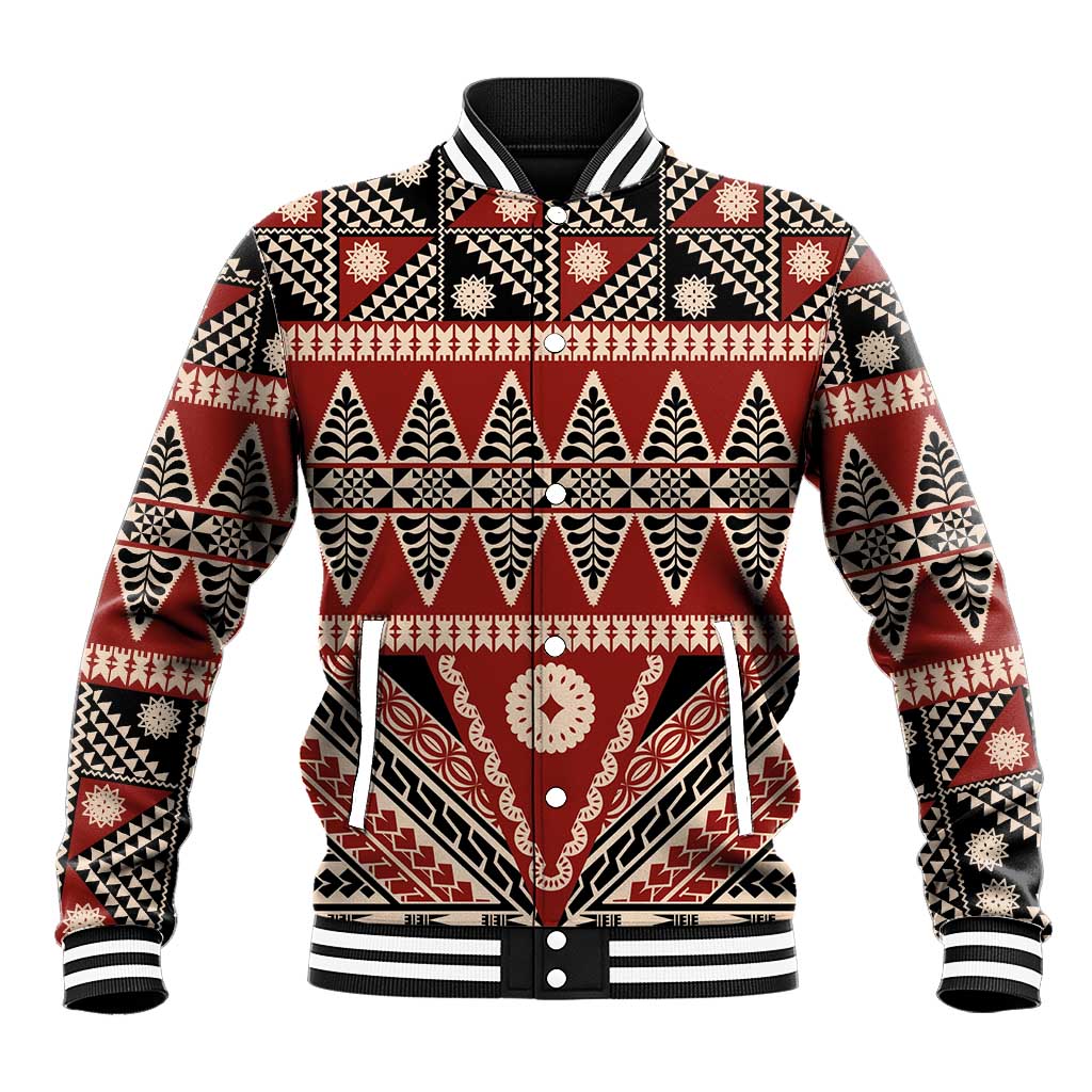 Vintage Bula Fiji Baseball Jacket Red Tapa Masi Motif LT9 Unisex Red - Polynesian Pride