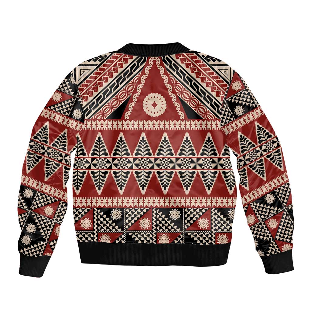 Vintage Bula Fiji Bomber Jacket Red Tapa Masi Motif LT9 - Polynesian Pride