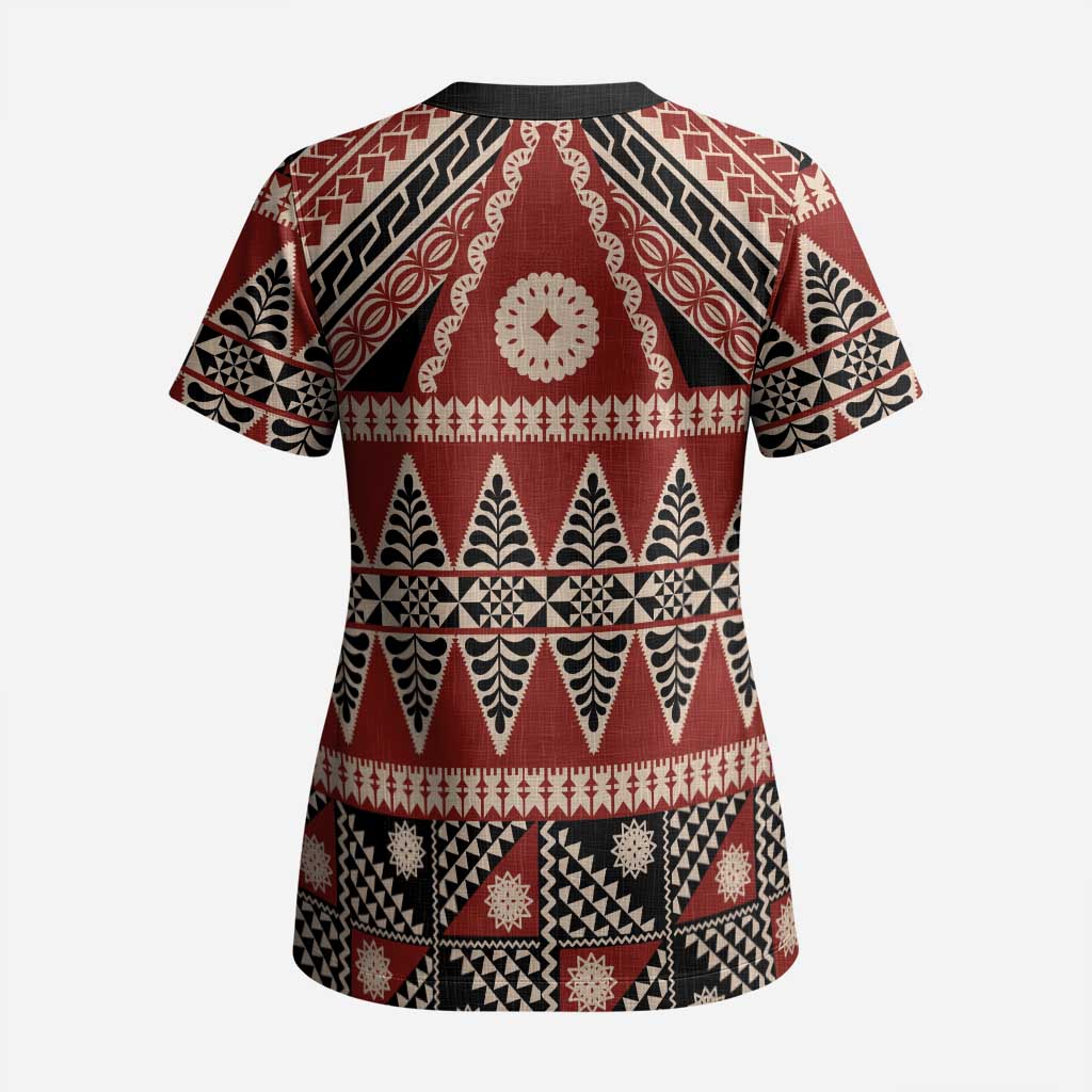 Vintage Bula Fiji Scrub Top Red Tapa Masi Motif LT9 - Polynesian Pride
