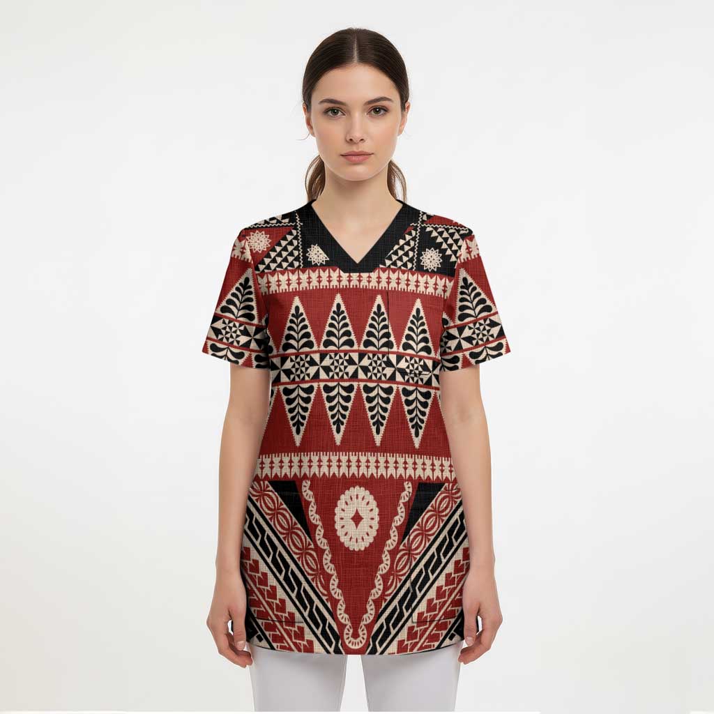 Vintage Bula Fiji Scrub Top Red Tapa Masi Motif LT9 - Polynesian Pride