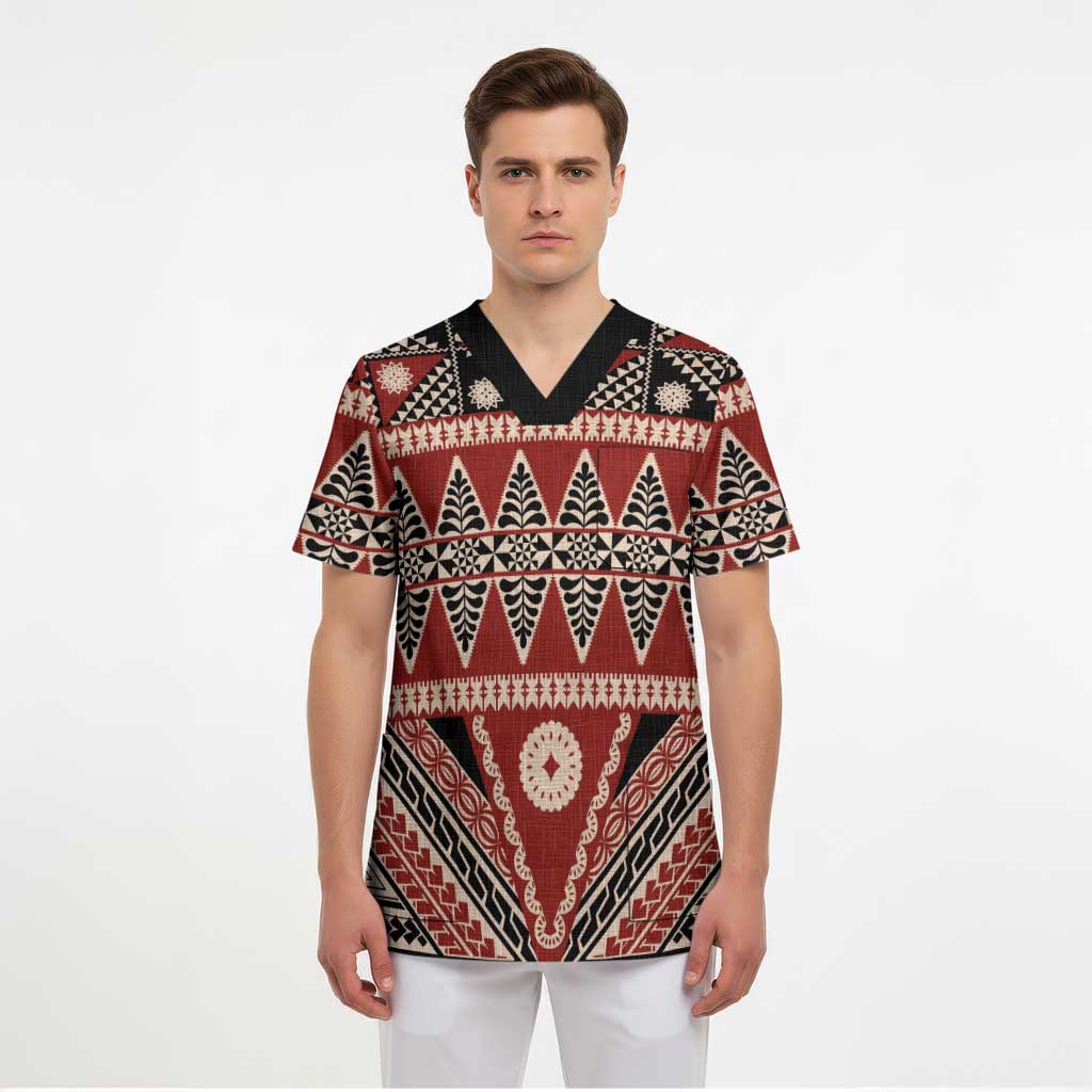 Vintage Bula Fiji Scrub Top Red Tapa Masi Motif LT9 - Polynesian Pride
