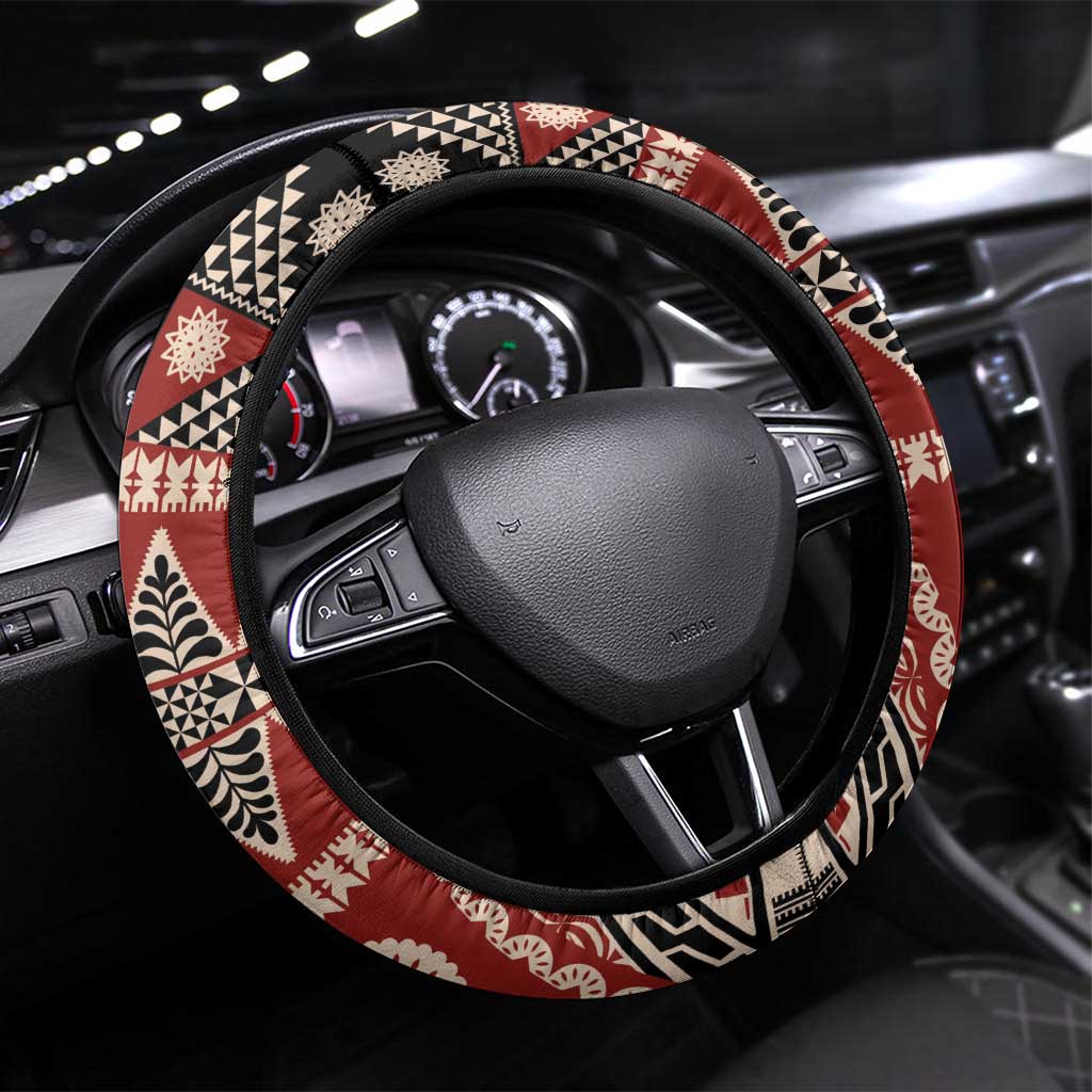 Vintage Bula Fiji Steering Wheel Cover Red Tapa Masi Motif LT9 Universal Fit Red - Polynesian Pride