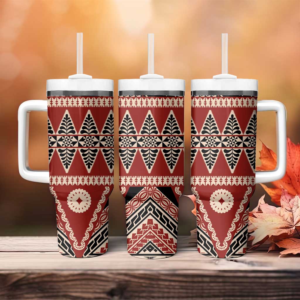 Vintage Bula Fiji Tumbler With Handle Red Tapa Masi Motif LT9 - Polynesian Pride