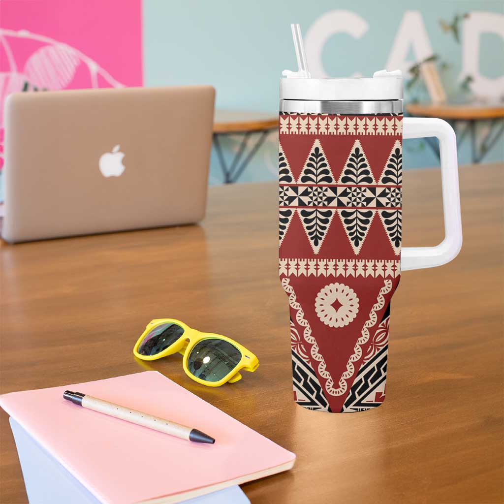 Vintage Bula Fiji Tumbler With Handle Red Tapa Masi Motif LT9 - Polynesian Pride