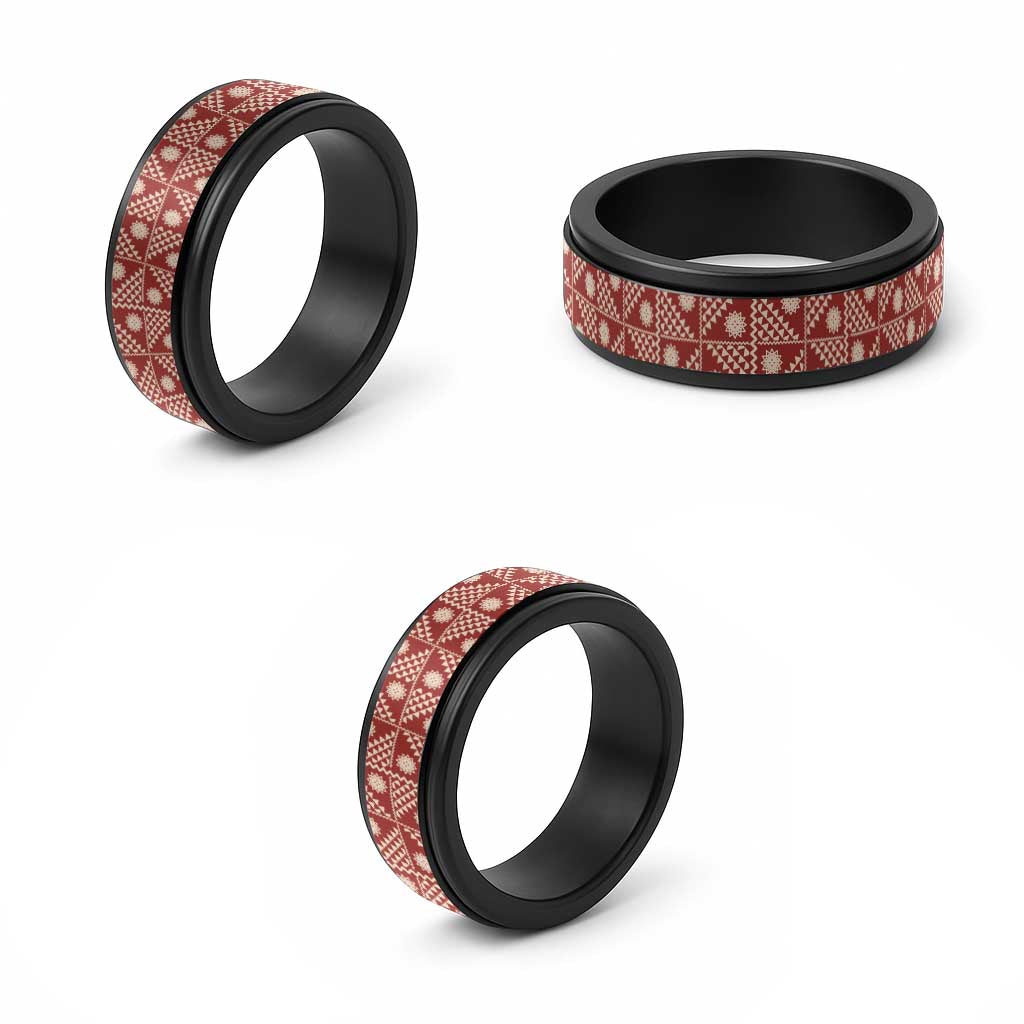 Vintage Bula Fiji Spinner Ring Red Tapa Motif Traditional Island Masi LT9 - Polynesian Pride