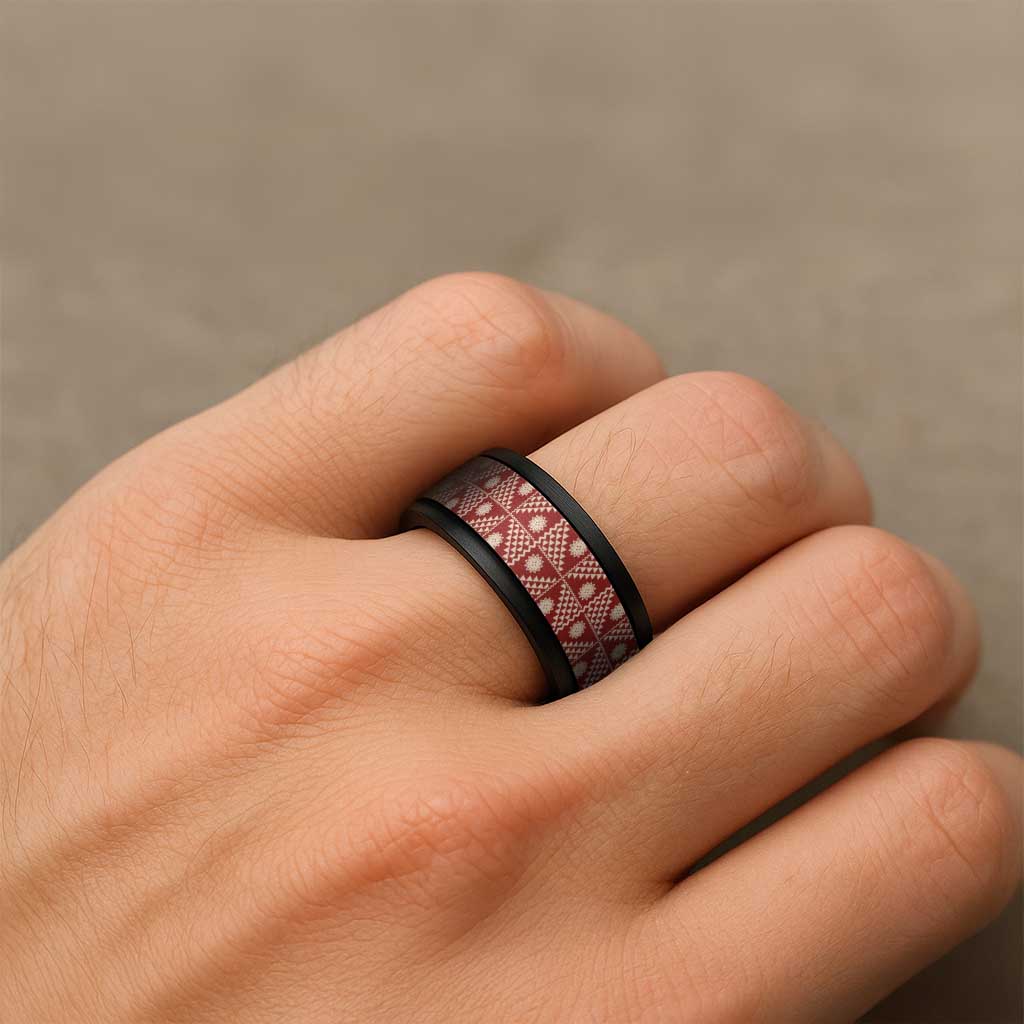 Vintage Bula Fiji Spinner Ring Red Tapa Motif Traditional Island Masi LT9 - Polynesian Pride