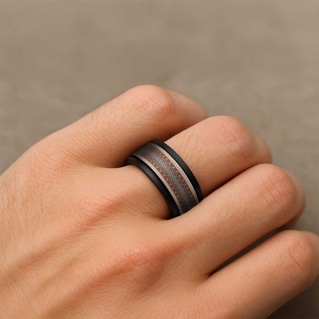 Vintage Bula Fiji Spinner Ring Brown Tapa Motif Fiji Traditional Masi Pattern LT9 - Polynesian Pride