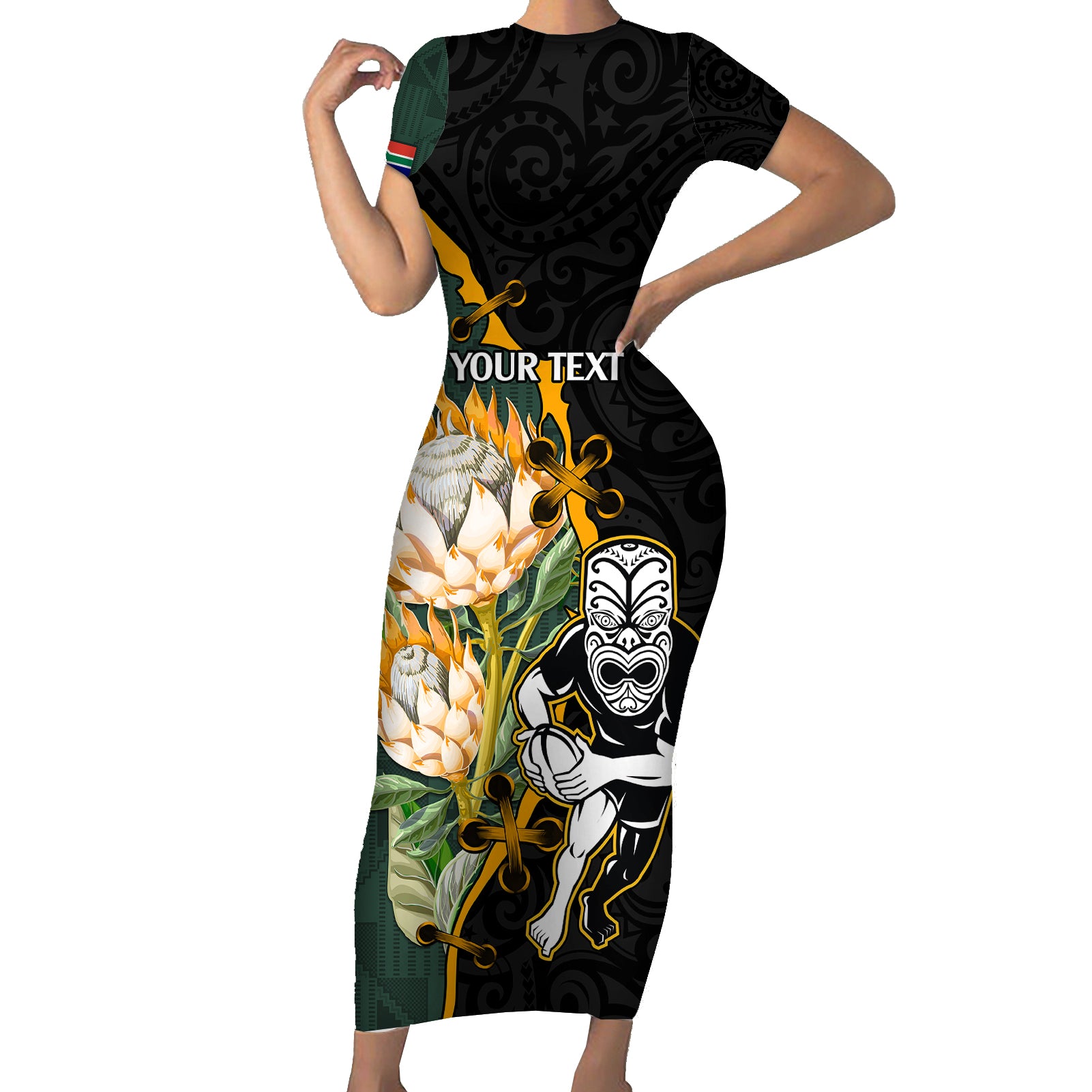 Custom South Africa Protea and New Zealand Short Sleeve Bodycon Dress Go All Black-Springboks Rugby with Kente And Maori LT9 Long Dress Black Green - Polynesian Pride