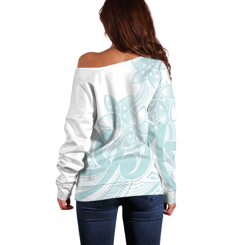 Polynesian Tribal Plumeria Lotu Tamaiti Off Shoulder Sweater Pastel Cyan LT9 - Polynesian Pride