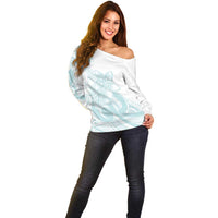 Polynesian Tribal Plumeria Lotu Tamaiti Off Shoulder Sweater Pastel Cyan LT9 - Polynesian Pride