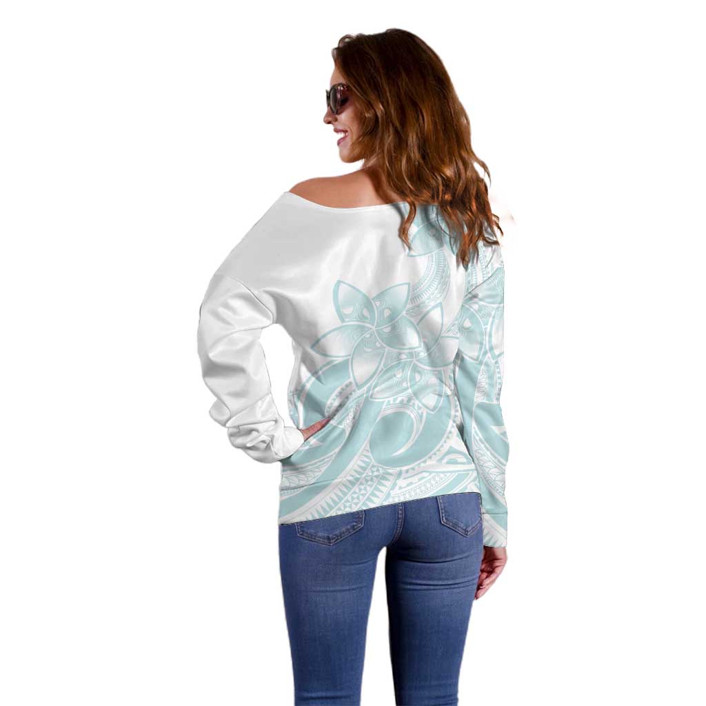 Polynesian Tribal Plumeria Lotu Tamaiti Off Shoulder Sweater Pastel Cyan LT9 - Polynesian Pride