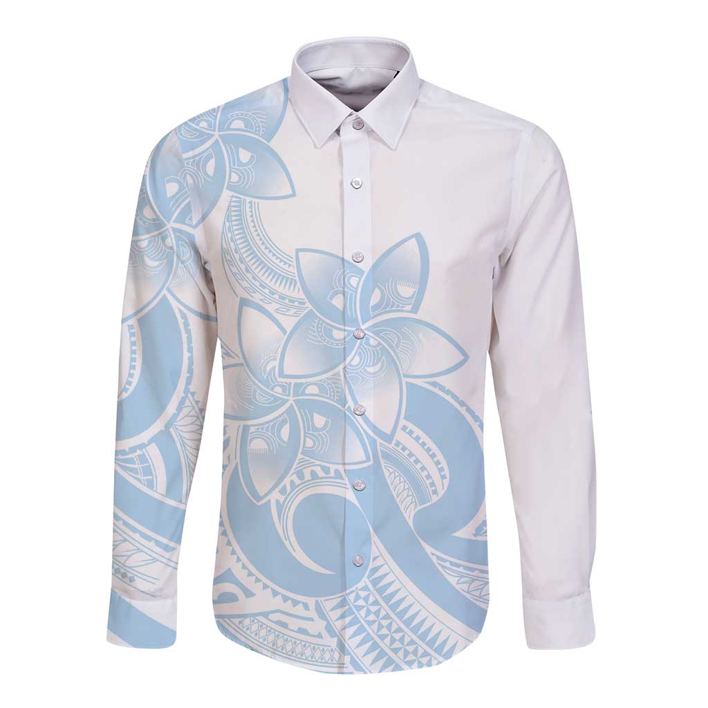 Polynesian Tribal Plumeria Lotu Tamaiti Long Sleeve Button Shirt Pastel Sky Blue LT9 Unisex Blue - Polynesian Pride
