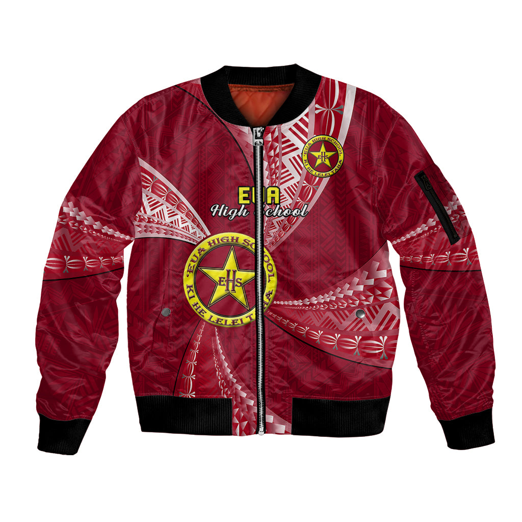 Personalised Tonga Eua High School Sleeve Zip Bomber Jacket Tongan Ngatu Pattern LT14 Unisex Maroon - Polynesian Pride