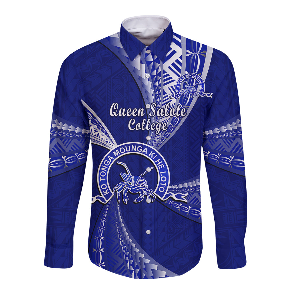 Personalised Tonga Queen Salote College Long Sleeve Button Shirt Tongan Ngatu Pattern LT14 Unisex Blue - Polynesian Pride