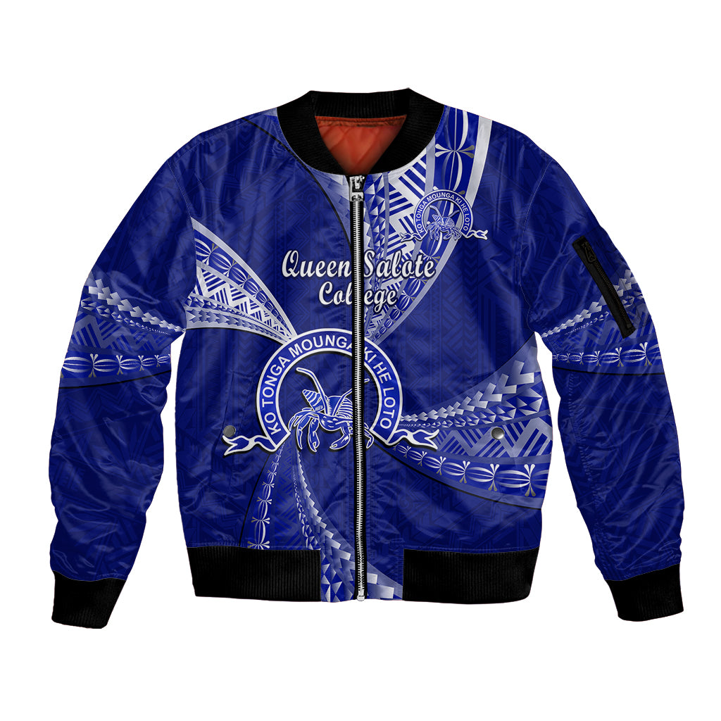 Personalised Tonga Queen Salote College Sleeve Zip Bomber Jacket Tongan Ngatu Pattern LT14 Unisex Blue - Polynesian Pride