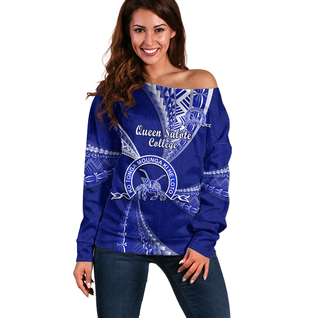 Personalised Tonga Queen Salote College Off Shoulder Sweater Class Of Year Tongan Ngatu Pattern LT14 Women Blue - Polynesian Pride