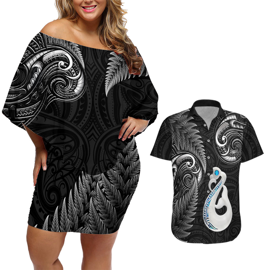 Personalised New Zealand Couples Off Shoulder Short Dress and Hawaiian Shirt Aotearoa Silver Fern With Manaia Maori Unique Black LT14 Black - Polynesian Pride